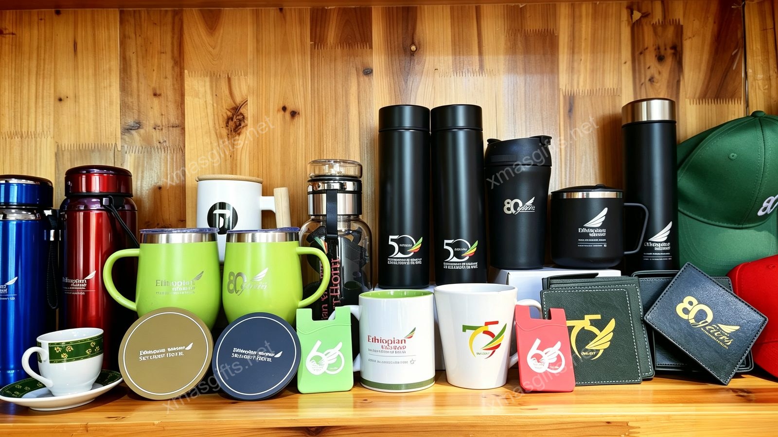Drinkware collection — mugs, thermoses, coasters