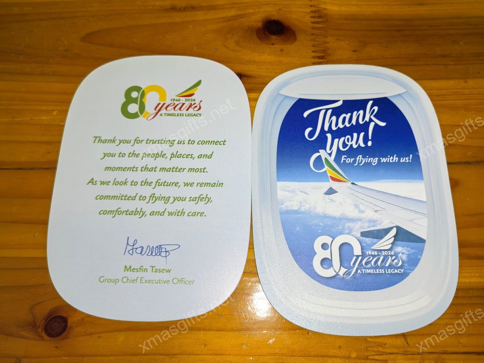 Boarding-pass shaped 80th anniversary thank you card signed by Group CEO
