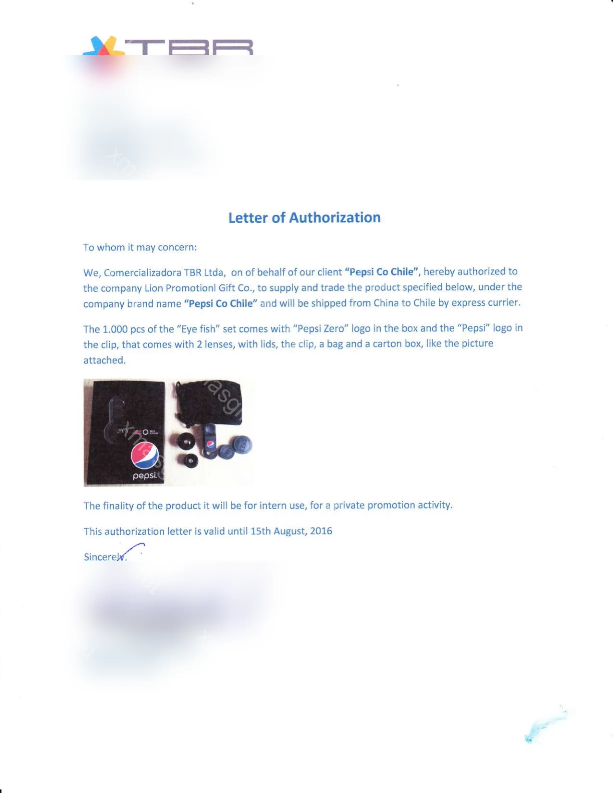 Pepsi authorization letter redacted