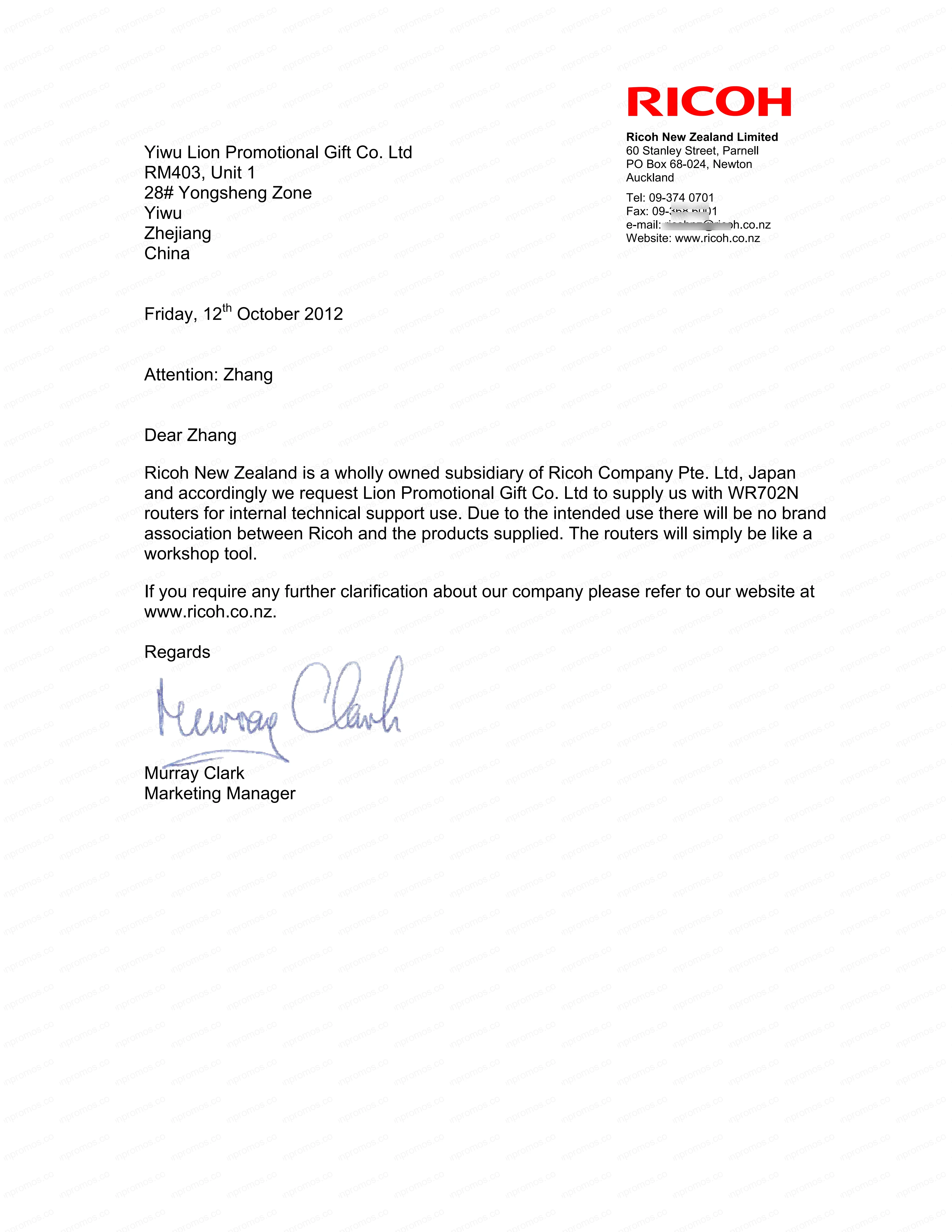 RICOH New Zealand brand authorization letter to Lion Promotional Gift Co Limited (contact details redacted)