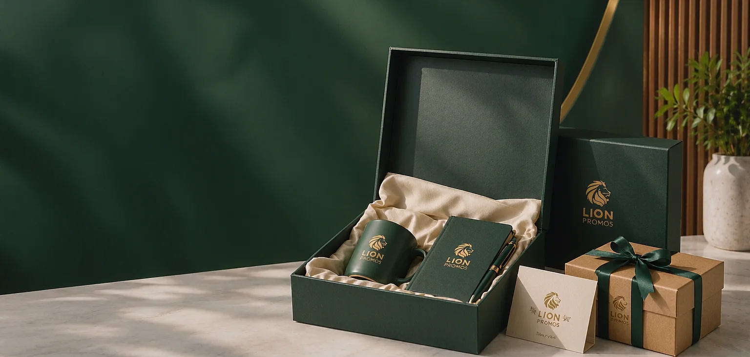 LionPromos branded corporate gifts on a marble desk: tote, bottle, cap, notebook, tumbler, gift box and towel with gold lion logo