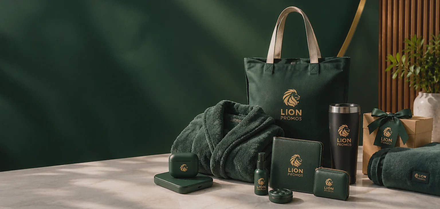 Industry branded gift sets: tech charger and earbuds, hotel robe, travel passport holder, healthcare kit with gold lion logo