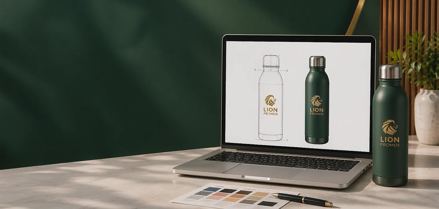 Custom design proof on a laptop screen next to the real branded green bottle, color swatches and pen on marble desk